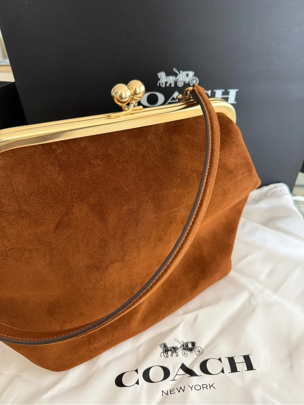 Coach Suede Frame Clutch in Saddle Brown with Gold Hardware